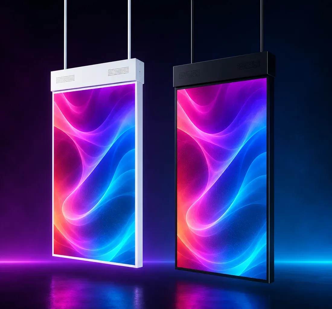 Ultra tenká LED obrazovka do výkladu DD52 zavesená na lankách
